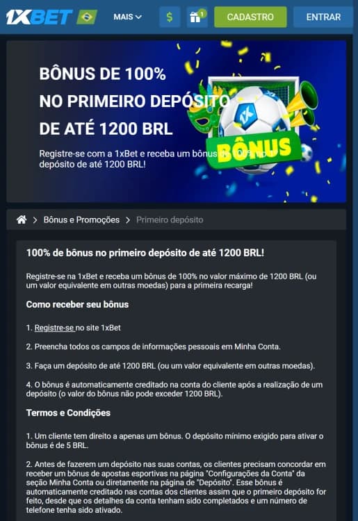 Print do bônus de boas-vindas da 1xBet