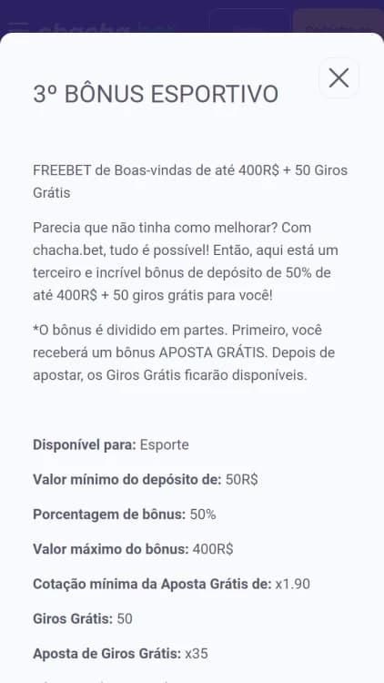 Print do bônus de boas-vindas da Chachabet