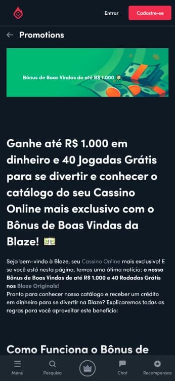 Print do bônus de boas-vindas da Blaze