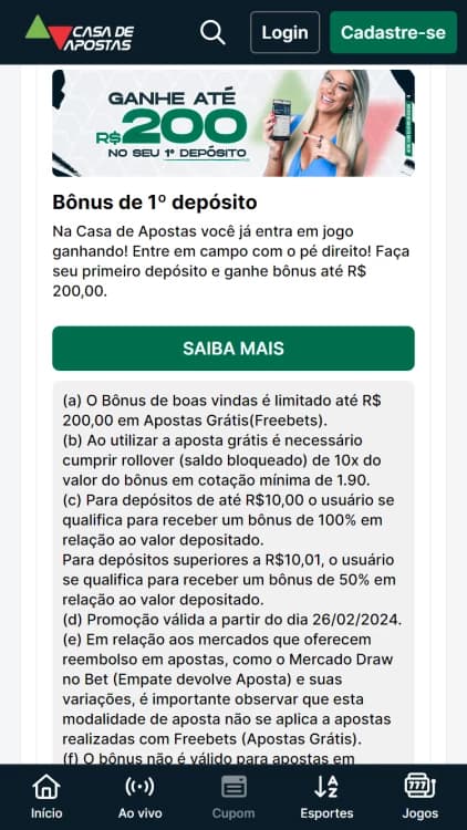 Print do bônus de boas-vindas da Casa de Apostas.com