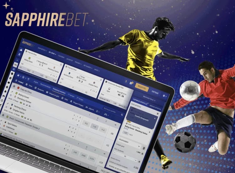 Imagem ilustrativa com o website da Sapphira Bet e jogadores de futebol que representam as apostas esportivas
