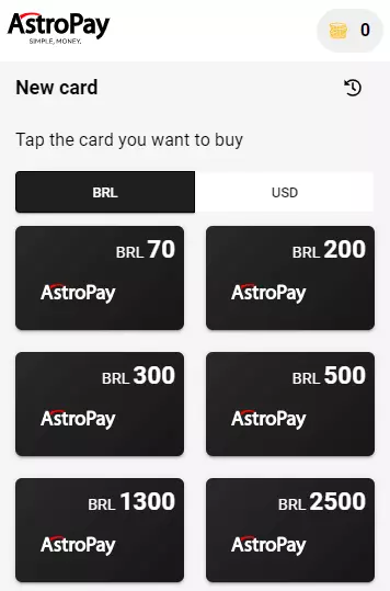Selecionar valor para criação de cartão virtual no Astropay