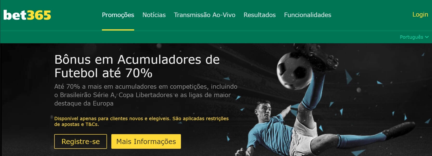 Banner do site oficial do bet365 Brasil sobres os bônus em acumuladores de futebol