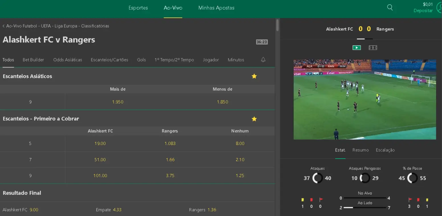 Transmissão ao vivo do jogo de futebol Alashkert FC contra Rangers no site oficial do bet365 brasil