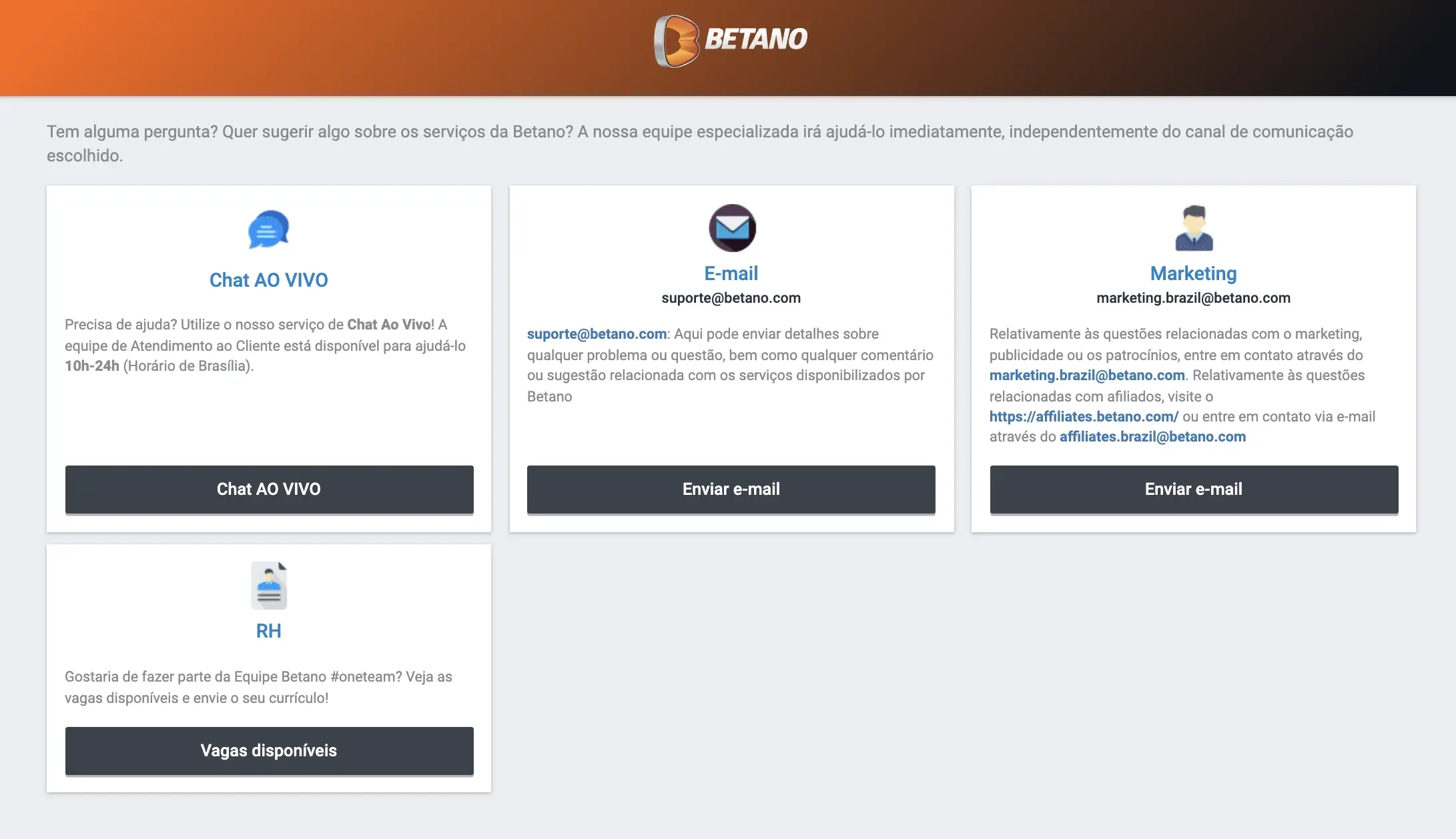 Opções de suporte ao cliente disponíveis no site da Betano Brasil