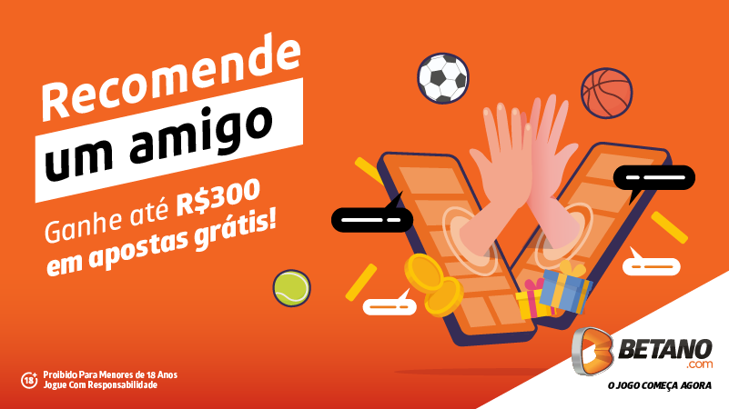Banner laranja com vários icones relacionados com desporto da Betano Brasil sobre a funcionalidade de Recomendar a um amigo